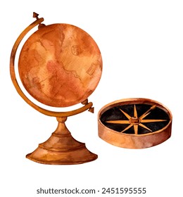 Vintage navigation devices, compass, globe, vintage envelopes,watercolor object isolated on a white background set in warm colors for printing on stickers, flyers, scrapbooking, travel advertising.