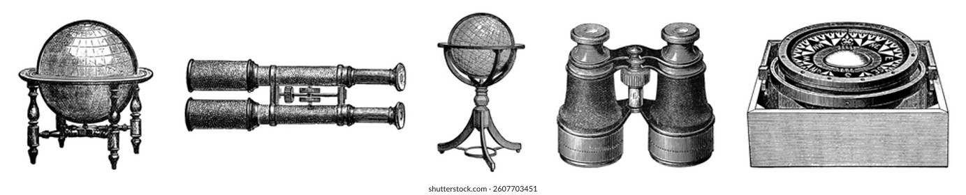 Vintage navigation tools including a globe, telescope, and compass. Antique globe, classic telescope, and old compass for navigation enthusiasts. Illustration isolated on white.