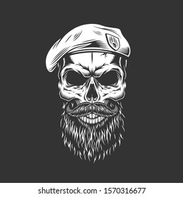 Vintage Navy Seal Skull In Beret With Beard And Mustache In Monochrome Skull Isolated Illustration