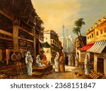 Vintage oil painting depicting an ancient Middle Eastern marketplace, possibly set in Cairo, Egypt, with stalls and an array of merchandise. 