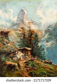 Vintage Oil Painting Depicting Log Cabins And Majestic Snow Covered Mountain Peak Landscape.