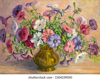 Vintage Oil Painting Of Flowers In A Vase.