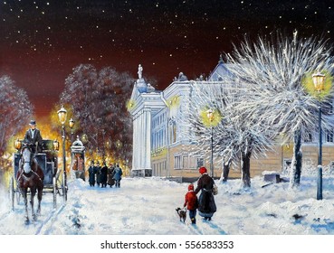 Vintage, Old City, Oil Paintings, Winter.