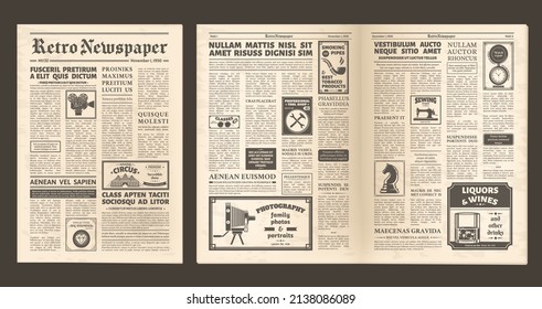 Vintage Old Newspaper Full Page, Retro Spread Pages. Retro Newsprint Page, Editorial News And Ad Posters Newspaper Layout  Illustration Set. Old Newspaper Pages. Periodical Publication