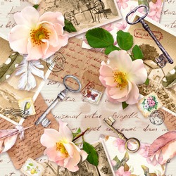 Vintage Old Pages With Handwritten Notes, Photos, Post Stamps, Watercolor Feathers, Keys And Rose Flowers For Scrapbooking. Seamless Pattern