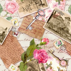 Papel Antigo Vintage Com Cartas Escritas à Mão, Fotos, Selos, Chaves E Flores De Rosa Aquarela Para Livro De Sucata. Design Nostálgico. Padrão Sem Costura