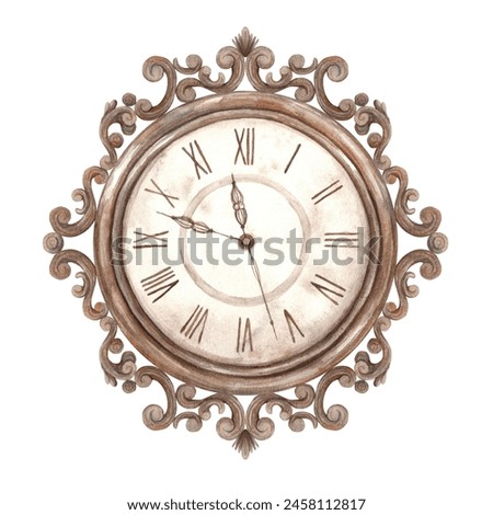 Vintage openwork copper clock with hands. Watercolor illustration in vintage style on isolated background. Drawing for the Christmas holidays, invitations, cards, banners, wrapping paper, wallpaper