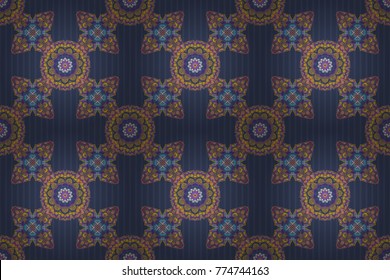 Vintage ornament. Raster illustration. Simple seamless pattern - blue, yellow and violet elements.
