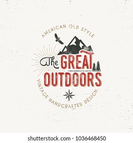 Vintage Outdoors Label. The Great Outdoors Motivational Quote. Isolated On White