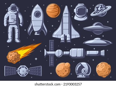 Vintage Outer Space. Cartoon Planet, Astronaut Space Suit And Spacecraft  Illustration Set Of Rocket Technology And Astronaut