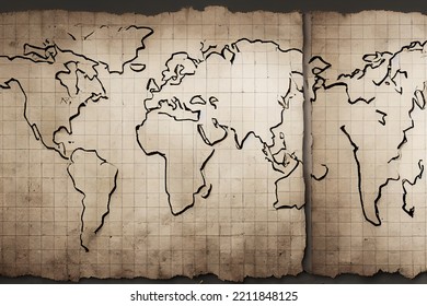 Vintage Paper With Old World Map Drawn In Ink, For Retro Background