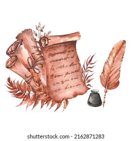 Vintage Parchment Scrolls Feather Quill Watercolor Stock Illustration ...