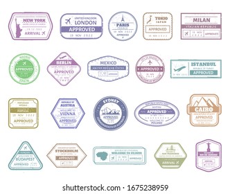 Vintage Passport Stamp. Airport Cachet Mark, Passport Visa International Arrived Stamps. USA, UK, France, Italy, Japan And Spain Air Boarder Stamp Frames  Isolated Set. Travel Airport Signs