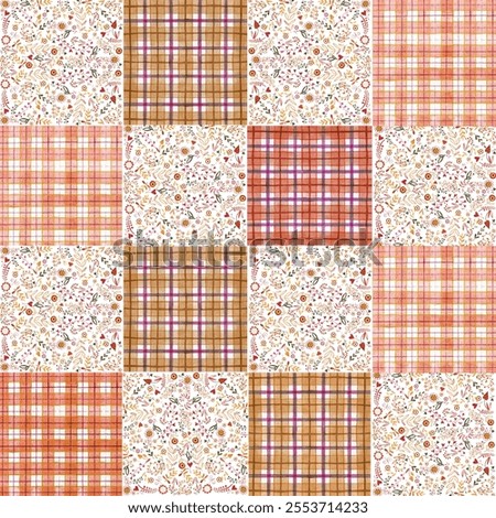 vintage patchwork seamless pattern. Hand painted watercolor rustic checkered ornament