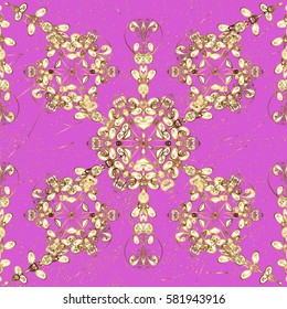Vintage pattern on pink background with golden elements. Christmas, snowflake, new year.