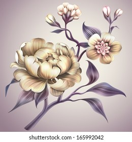 vintage peony and sakura flower illustration