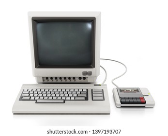 Vintage personal computer with cassette reader. 3D illustration.