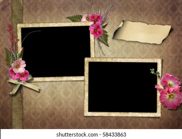 Vintage Photo Album. The frame is decorated with a bouquet of flowers hollyhocks