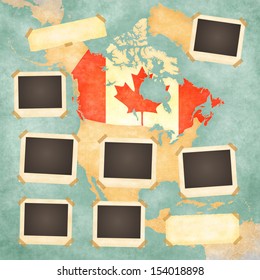 Vintage photo frames on the background with the vintage map of Canada. On the map is Canadian flag painted in the country borders.