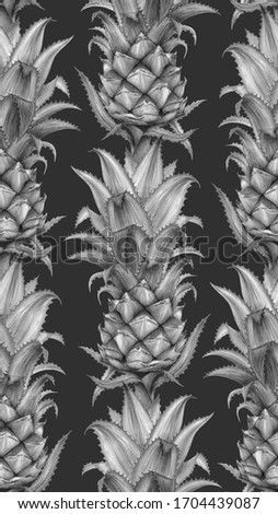 Vintage pineapple seamless pattern. Black and white tropical fruit watercolor background. Trendy summer pattern. Pineapple traditional drawing background. Summer Hawaiian fruits seamless pattern.