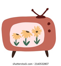 Vintage Pink Tv With Yellow Flowers On White Background