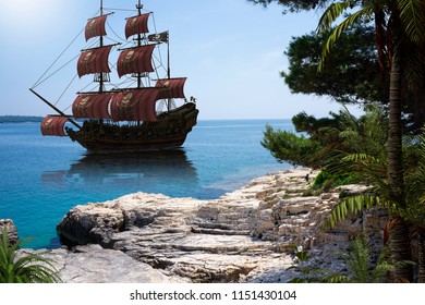 Vintage pirate ship to go anchor in a natural caribbean harbor to seek refuge from British warships, photo with 3d render illustration elements