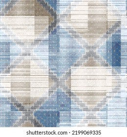 Vintage plaid plain  seamless pattern in ikat style. Retro ikat colorful rug with peacock feathers for scarf, wear, carpet