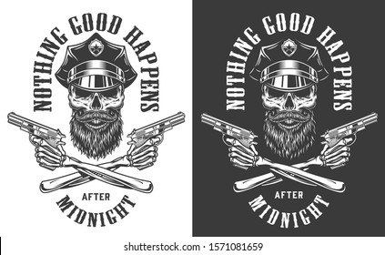 Vintage police monochrome print with bearded and mustached skull in hat and crossed skeleton hands holding guns isolated illustration