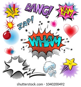 Vintage Pop Art Comic Speech And Explosion Bubble Set With Fashion Phrases And Expressions Bang, Zap, Wham, Bam.