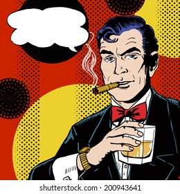 Vintage Pop Art Man With Glass Of Whiskey Smoking Cigar. Comic Male With Speech Bubble. 