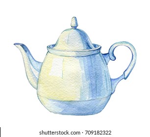Vintage porcelain teapot. Hand drawn watercolor illustration for greeting cards, invitations, logos, and printed materials.
