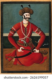 Retrato en Antiguas de una figura real vestida de rojo, adornada con joyas, sosteniendo una espada. Obra de arte clásica con detalles intrincados. Antiguas retrato de un hombre ilustración, retrato viejo de un hombre ilustración.