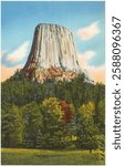 Vintage postcard of Devils Tower, a towering rock formation. Devils Tower rises above lush trees. The rock formation is iconic and striking, with Devils Tower standing tall. Vintage card, art.
