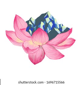 Vintage poster in impressionist style and huge lotus   blue mountains in it  Raster stock illustration in bright colors 