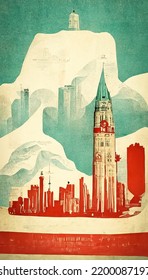 Vintage Poster And Tourist Flyer About Canada, As An Advertisement For Its Cities, Mountains And Snowy Landscapes
