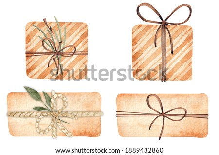 Vintage present with natural elements hand drawn by watercolor. Layout for wallpaper, wrapping paper, textile, packaging and creativity. Isolated on a white background