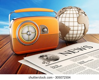 Vintage Radio, Newspaper And Globe Standing On Wooden Planks