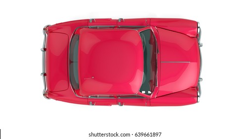 Vintage Red Car In 70s Style Isolated On A White Background. Top View. 3d Rendering