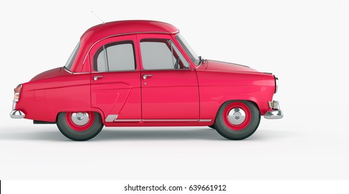 Vintage Red Car In 70s Style Isolated On A White Background. Side View. 3d Rendering