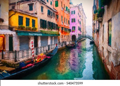 Vintage red colorful brick house and gondola in grand canal, Venice. abstract digital oil painting effect.