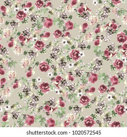 Vintage  Red  Floral With Rose Flowers Pattern, Watercolor Hand Drawing Style On Light Beige Background.