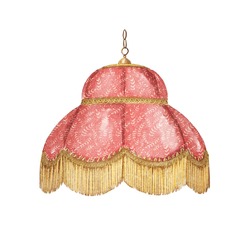 Vintage Red Old Lampshade Lamp With Golden Fringed Isolated On White Background. Watercolor Hand Drawn Illustration Sketch