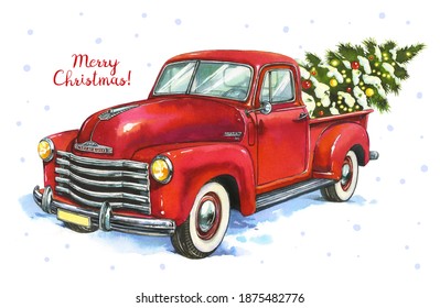 Vintage Red Pickup Truck. Watercolor Illustration On A White Background. Christmas Card With A Classic American Truck And A Christmas Tree In The Back Of A Car.