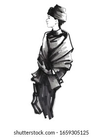 Vintage Retro Fashion Illustration. Dior Girl In New Look Style. Coat, Hat, Black Silhouette. Ink. Black Graphics, Silhouette Of A Woman In Retro Clothes.