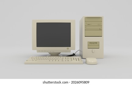 Vintage Retro Old Desktop Computer. This Is A 3D Rendering Illustration Of PC