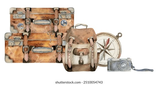 Vintage retro suitcases, backpack baggage luggage, navigation compass, old photo camera. Watercolor hand drawn retro illustration. For tourism, travel, brochure, wedding, guide, print, card tattoo. - Powered by Shutterstock