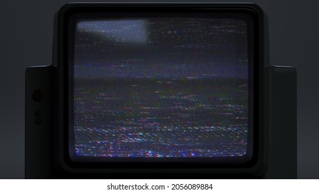 Vintage Retro tube monitor. 70s, 80s style display or screen. Static black and white VHS (videocassette recorder) noise. Bad transmission, flickering stripes. Old computer. 3D Render illustration