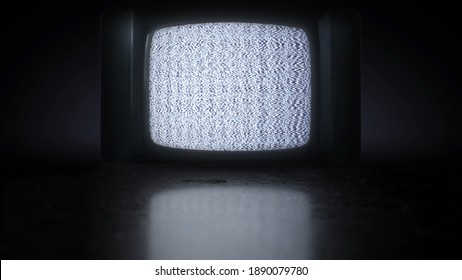 Vintage Retro TV Set, static noise. 70s, 80s style television. Bad TV signal transmission, white noise with vertical flickering stripes. Television on black reflective surface. 3D Render Illustration
