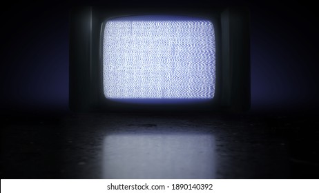 Vintage Retro TV Set, static noise. 70s, 80s style television. Bad TV signal transmission, white noise with vertical flickering stripes. Television on black reflective surface. 3D Render Illustration