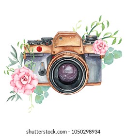 Vintage Retro Watercolor Camera. Perfect For Photography Logo. Watercolor Illustration.